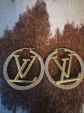 Gold Logo Hoop Earrings with Crystal Pavé Accent